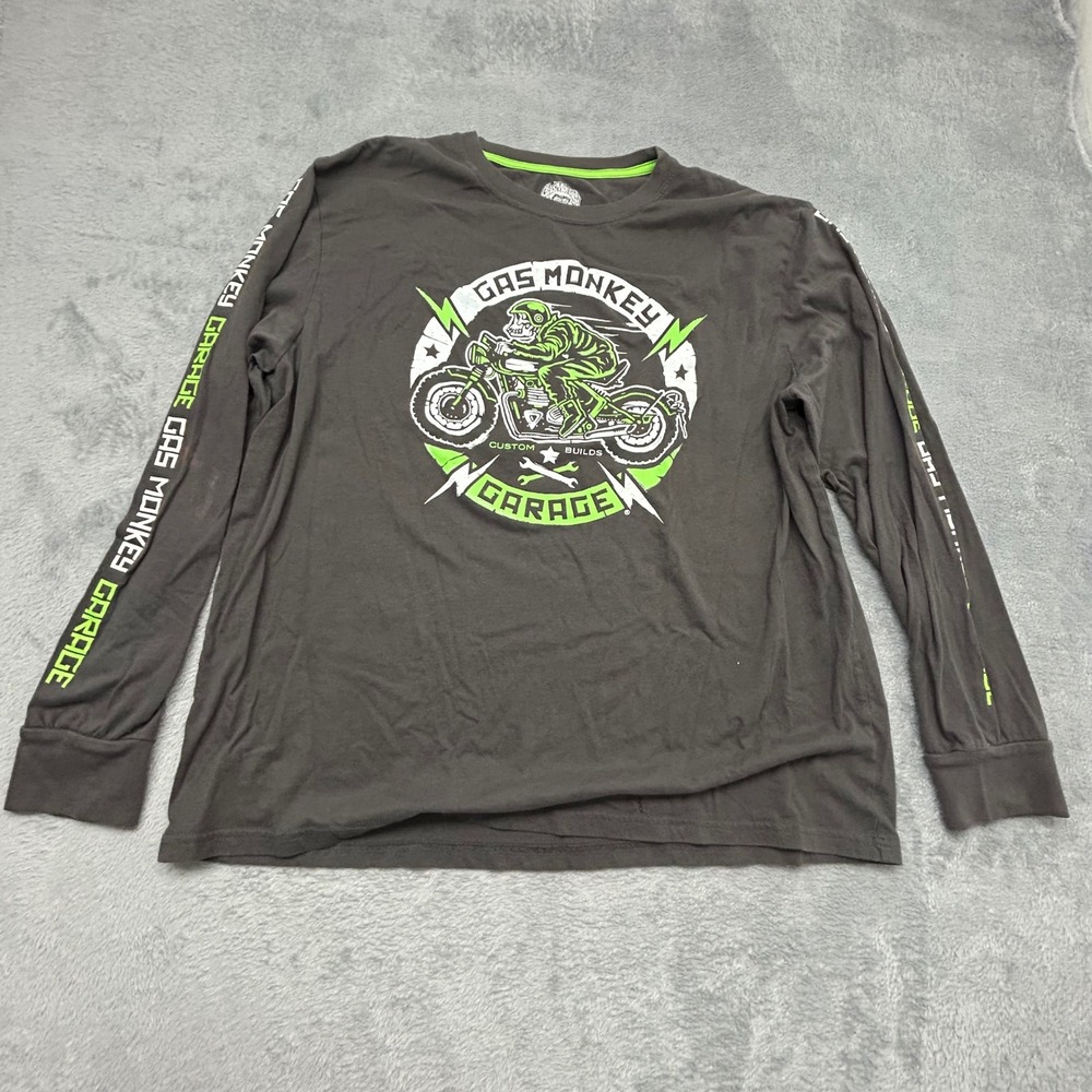 Gas Monkey Garage Mens 2XL Gray Neon Green Long Sleeve Graphic TShirt Moto Skull